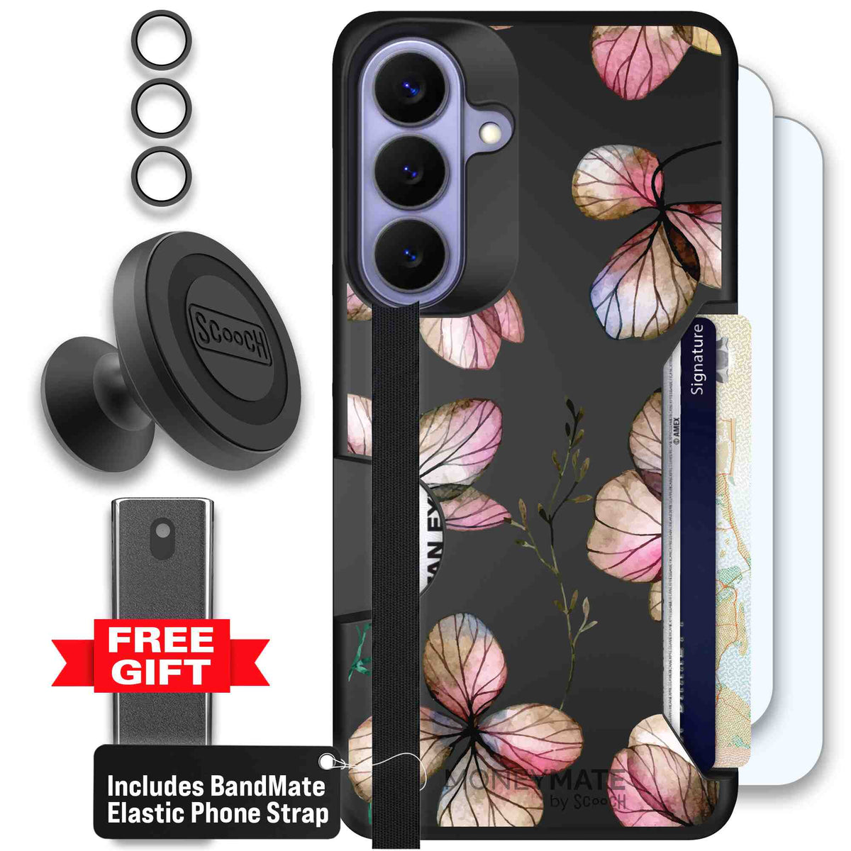 Dried Flowers blush mauve and cream floral pattern on a black Scooch Moneymate case for Galaxy S26+ - Defender Bundle