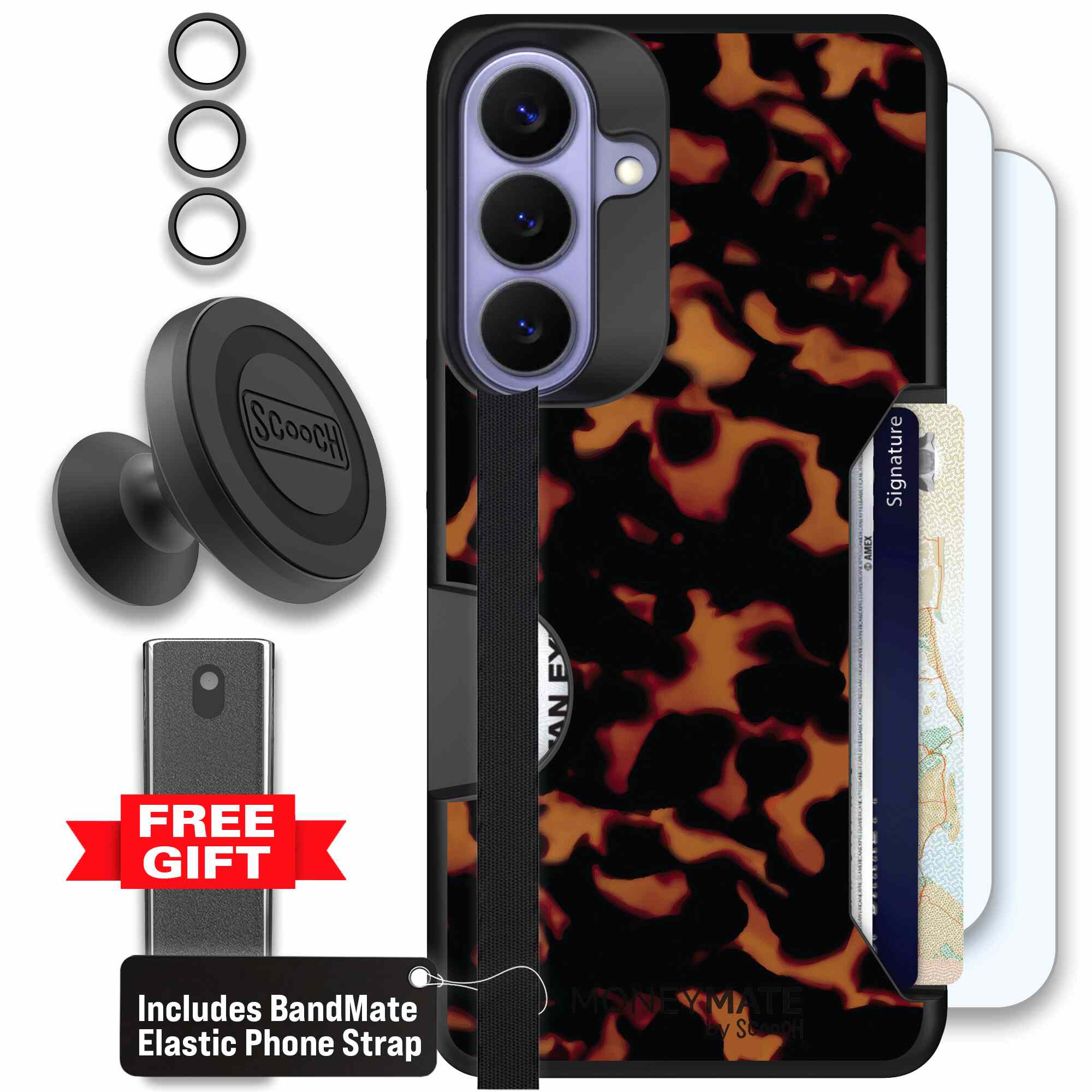 Tortoise Shell amber brown and black mottled pattern on a Scooch Moneymate case for Galaxy S26+ - Defender Bundle