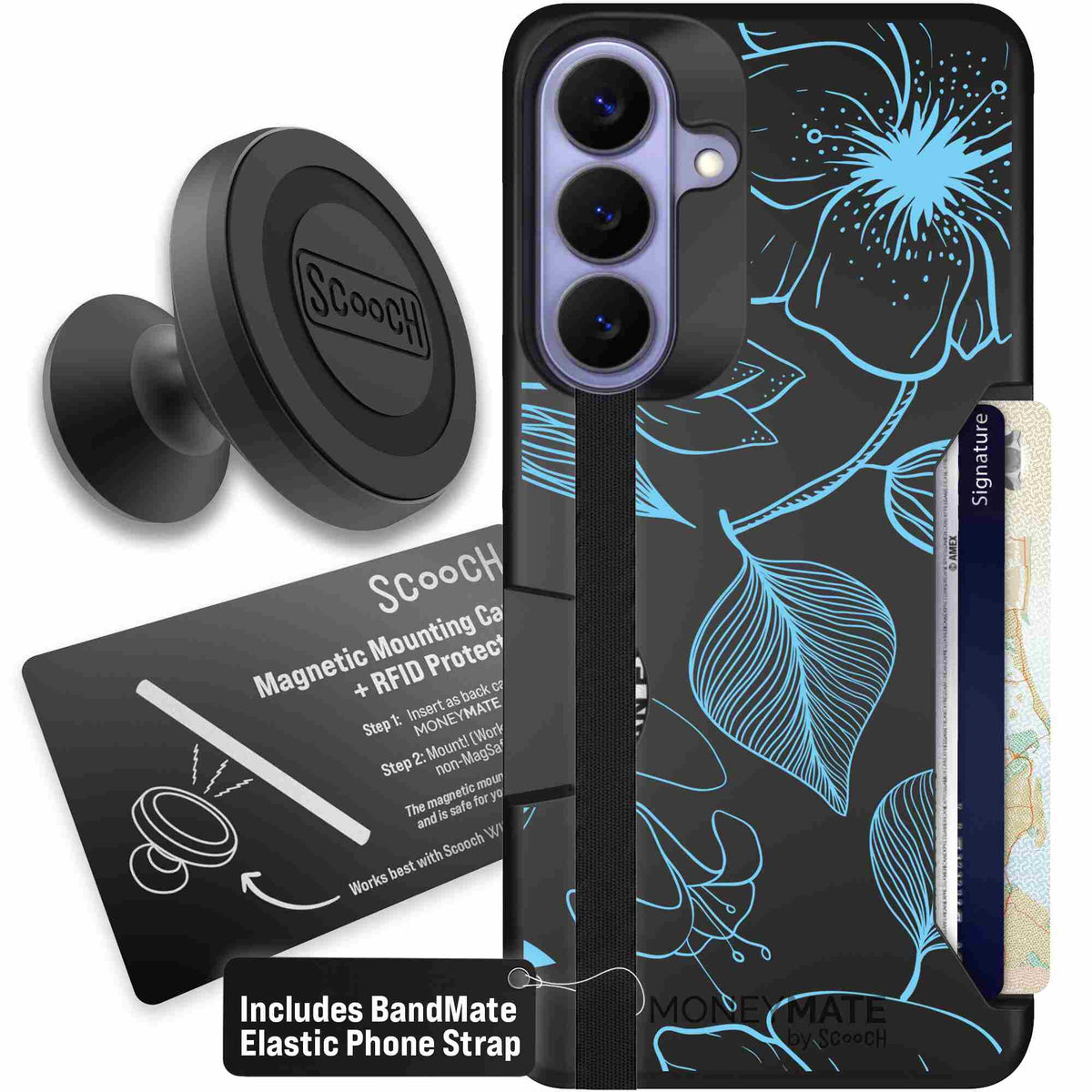 Blue Hibiscus cyan-blue tropical flower pattern on a charcoal Scooch Moneymate case for Galaxy S26+ - Starter Bundle
