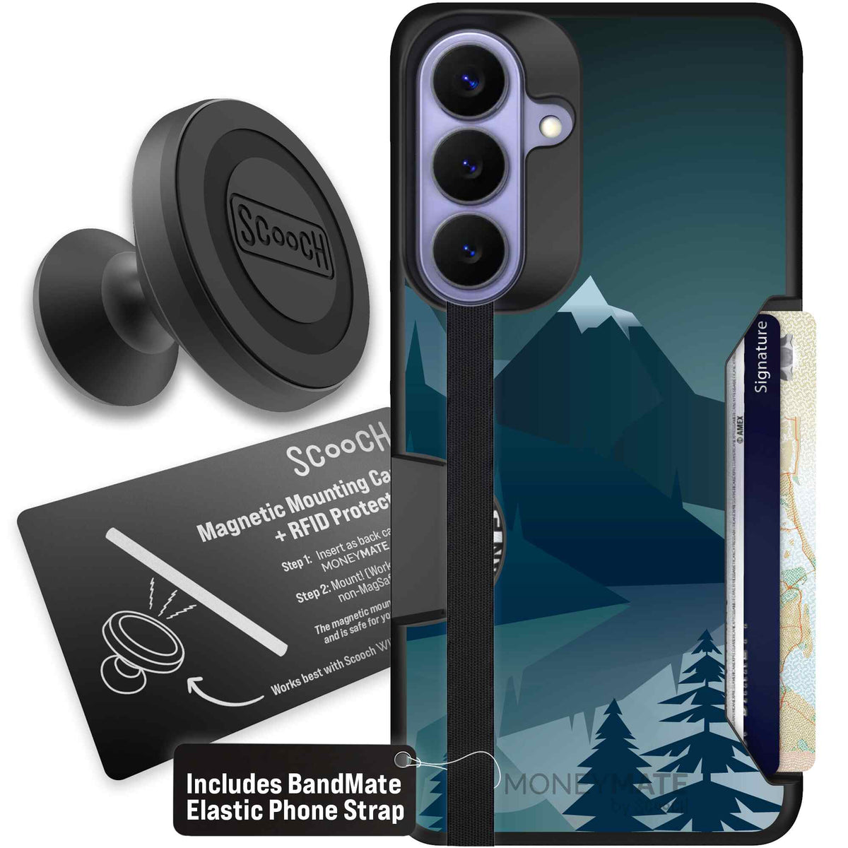 Midnight Ridge layered blue mountains and evergreen trees on a Scooch Moneymate case for Galaxy S26+ - Starter Bundle