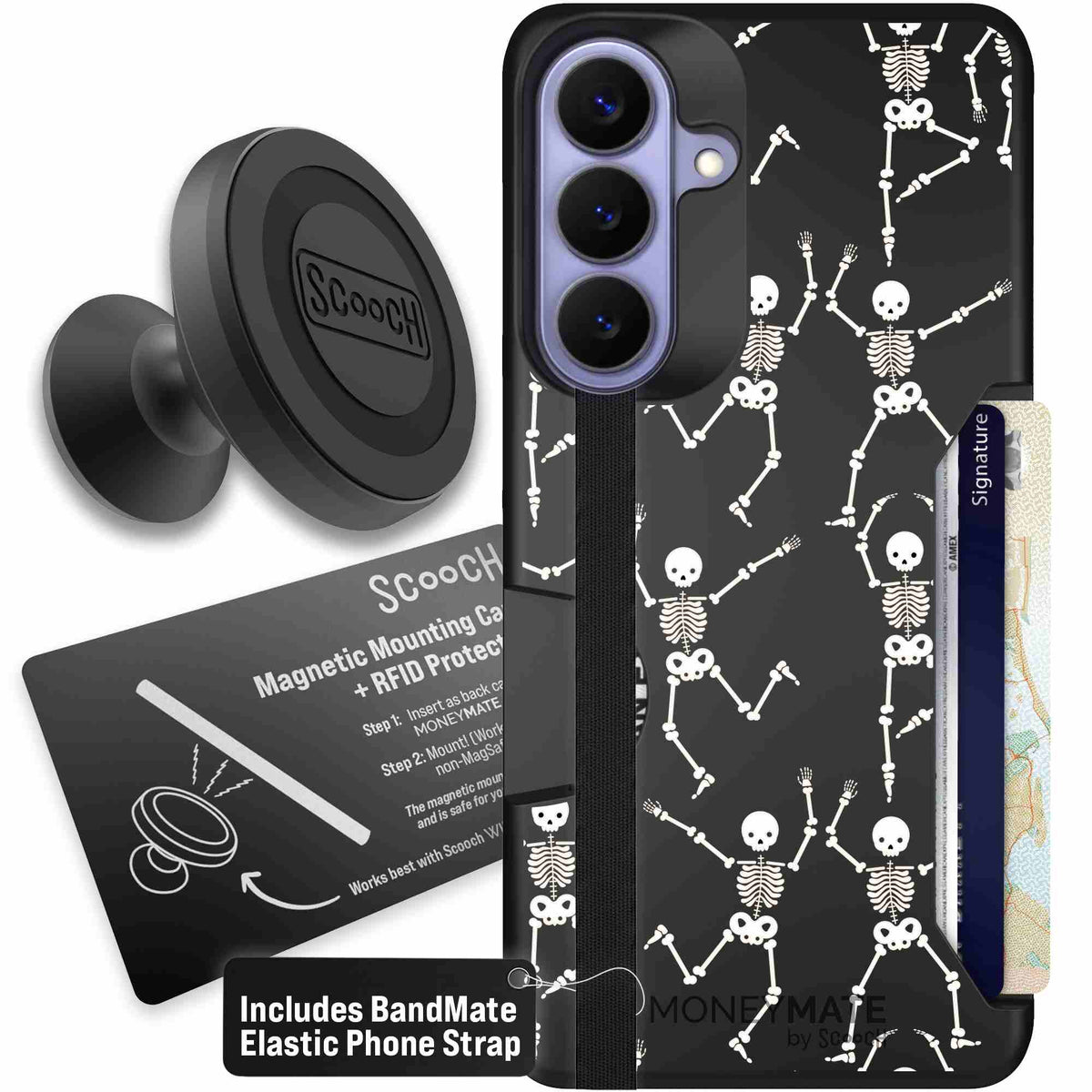 Swinging Skeletons white dancing skeleton pattern on a black Scooch Moneymate case for Galaxy S26+ - Starter Bundle