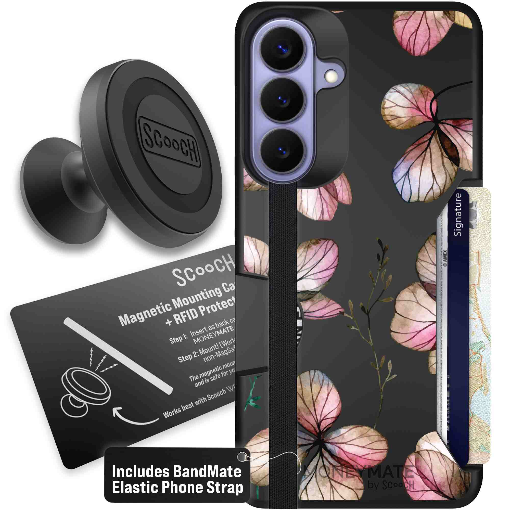 Dried Flowers blush mauve and cream floral pattern on a black Scooch Moneymate case for Galaxy S26+ - Starter Bundle