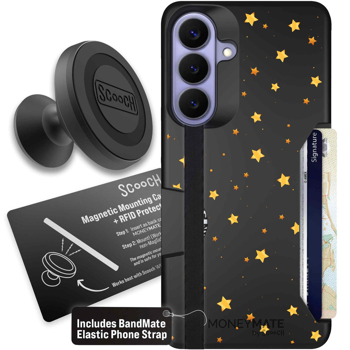Gold Stars yellow and gold star pattern on a charcoal Scooch Moneymate case for Galaxy S26+ - Starter Bundle