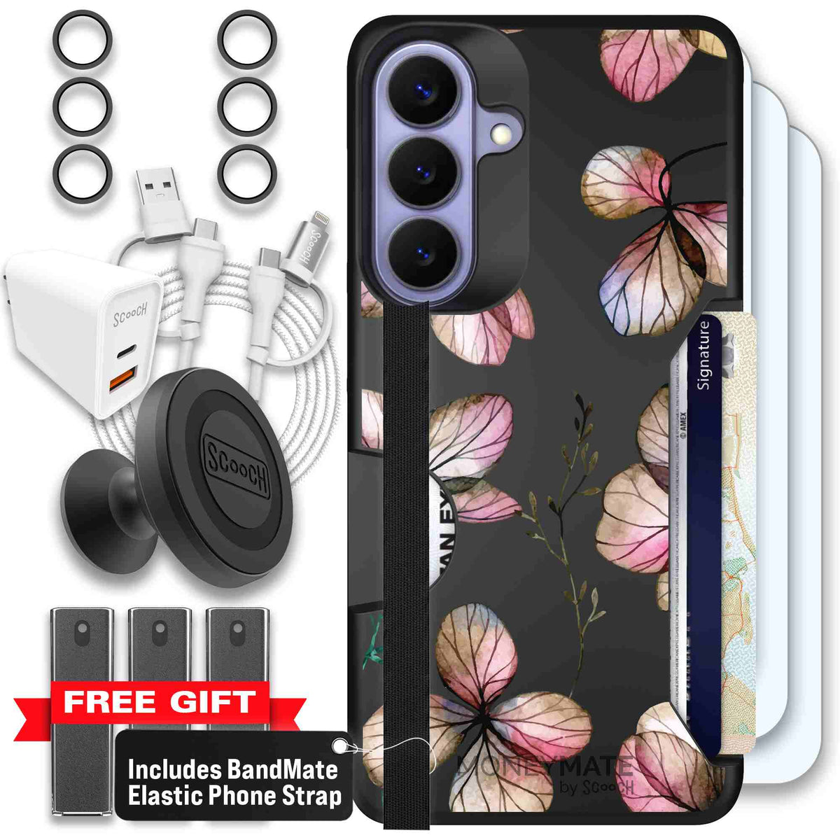 Dried Flowers blush mauve and cream floral pattern on a black Scooch Moneymate case for Galaxy S26+ - Ultimate Bundle