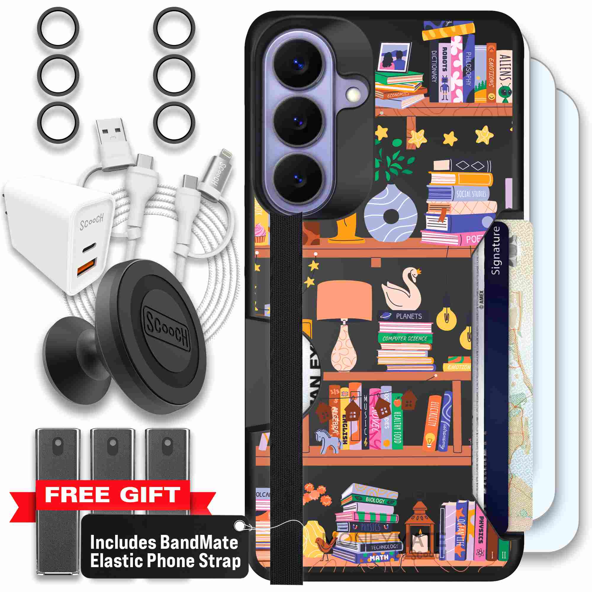 Little Library colorful book and bookshelf pattern on a Scooch Moneymate case for Galaxy S26+ - Ultimate Bundle