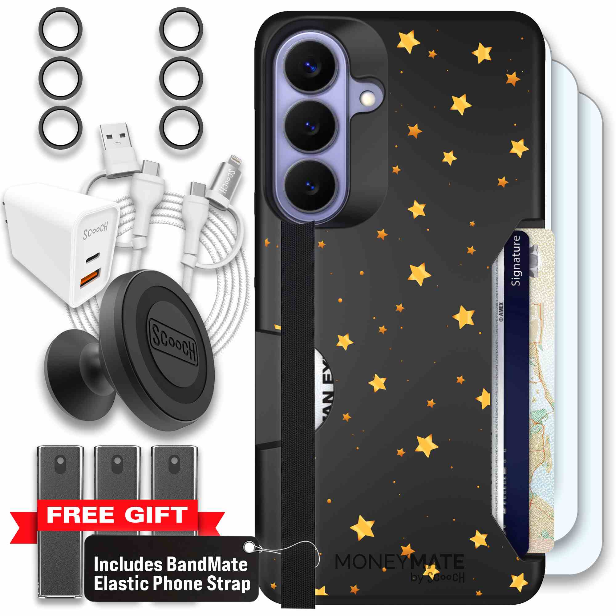 Gold Stars yellow and gold star pattern on a charcoal Scooch Moneymate case for Galaxy S26+ - Ultimate Bundle