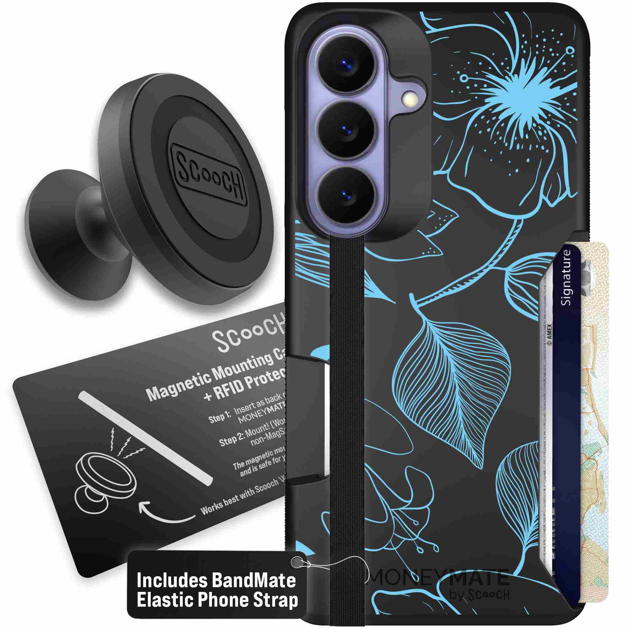 Blue Hibiscus cyan-blue tropical flower pattern on a charcoal Scooch Moneymate case for Galaxy S26 - Starter Bundle