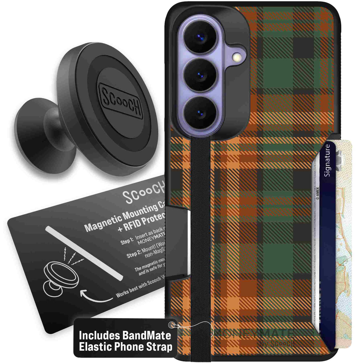 Fall Flannel orange and brown plaid pattern on a Scooch Moneymate case for Galaxy S26 - Starter Bundle