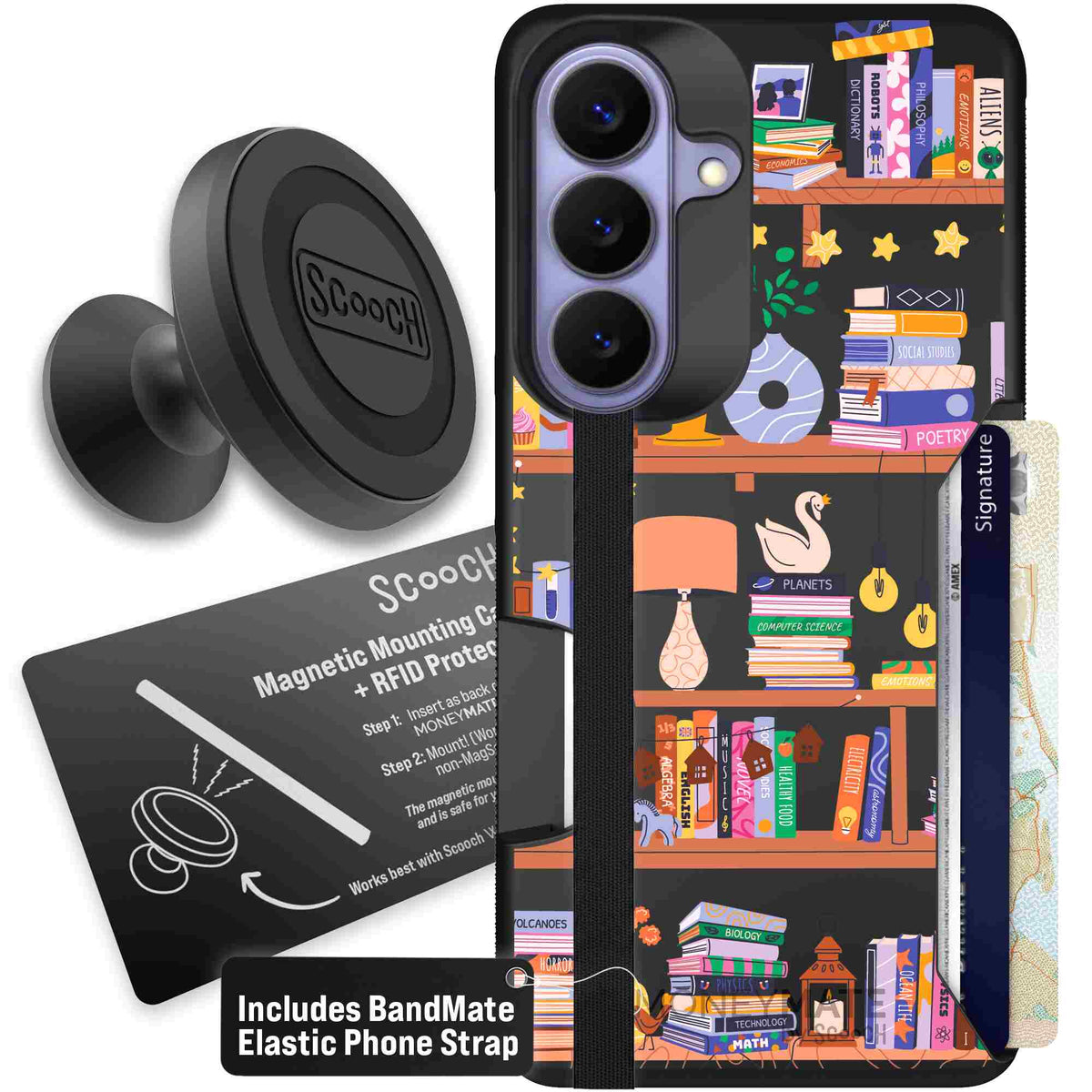 Little Library colorful book and bookshelf pattern on a Scooch Moneymate case for Galaxy S26 - Starter Bundle