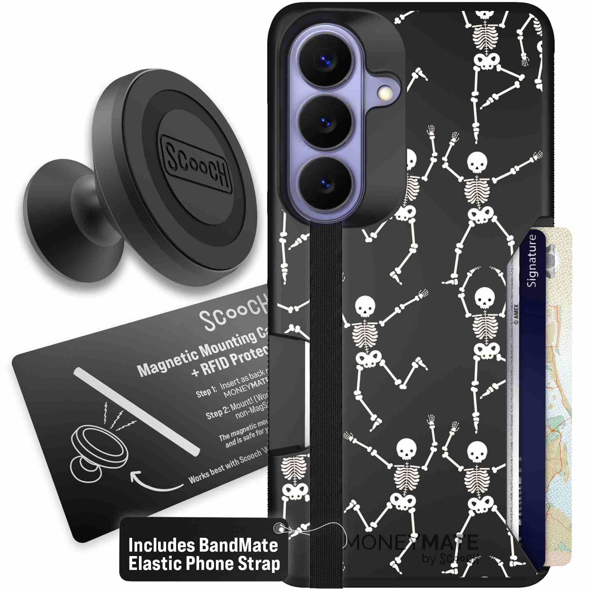 Swinging Skeletons white dancing skeleton pattern on a black Scooch Moneymate case for Galaxy S26 - Starter Bundle
