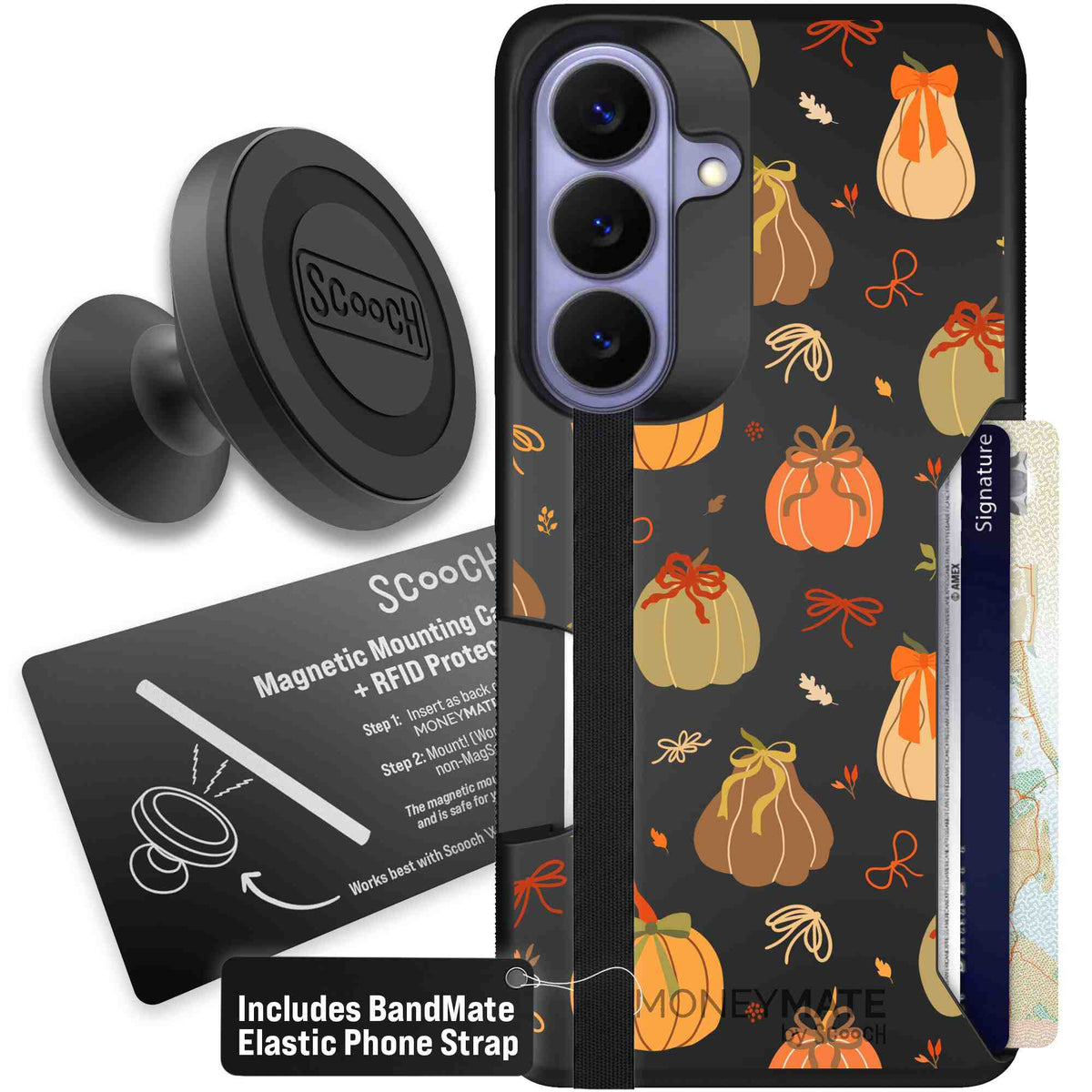 Pretty Pumpkins orange pumpkin and bow pattern on a Scooch Moneymate case for Galaxy S26 - Starter Bundle
