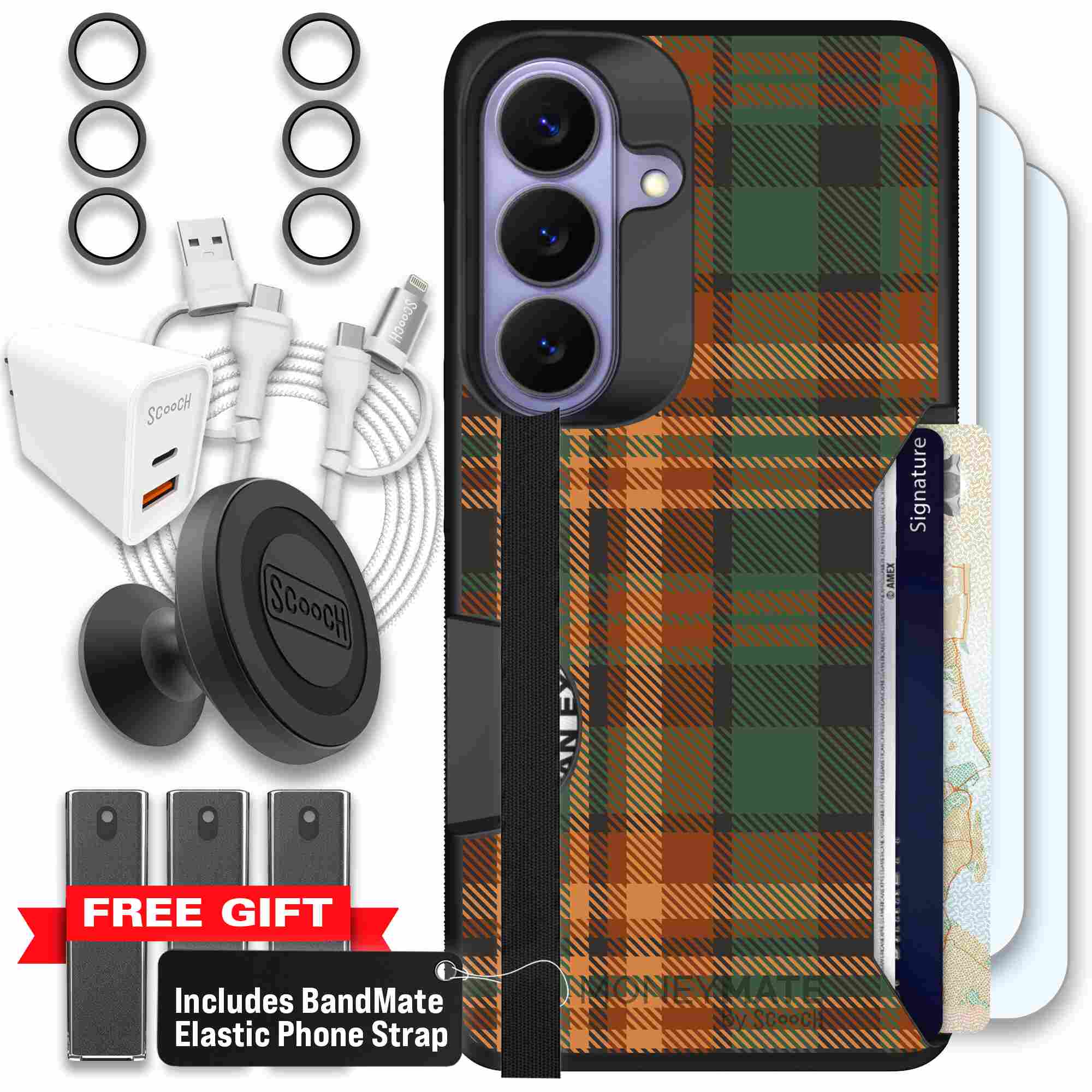 Fall Flannel orange and brown plaid pattern on a Scooch Moneymate case for Galaxy S26 - Ultimate Bundle