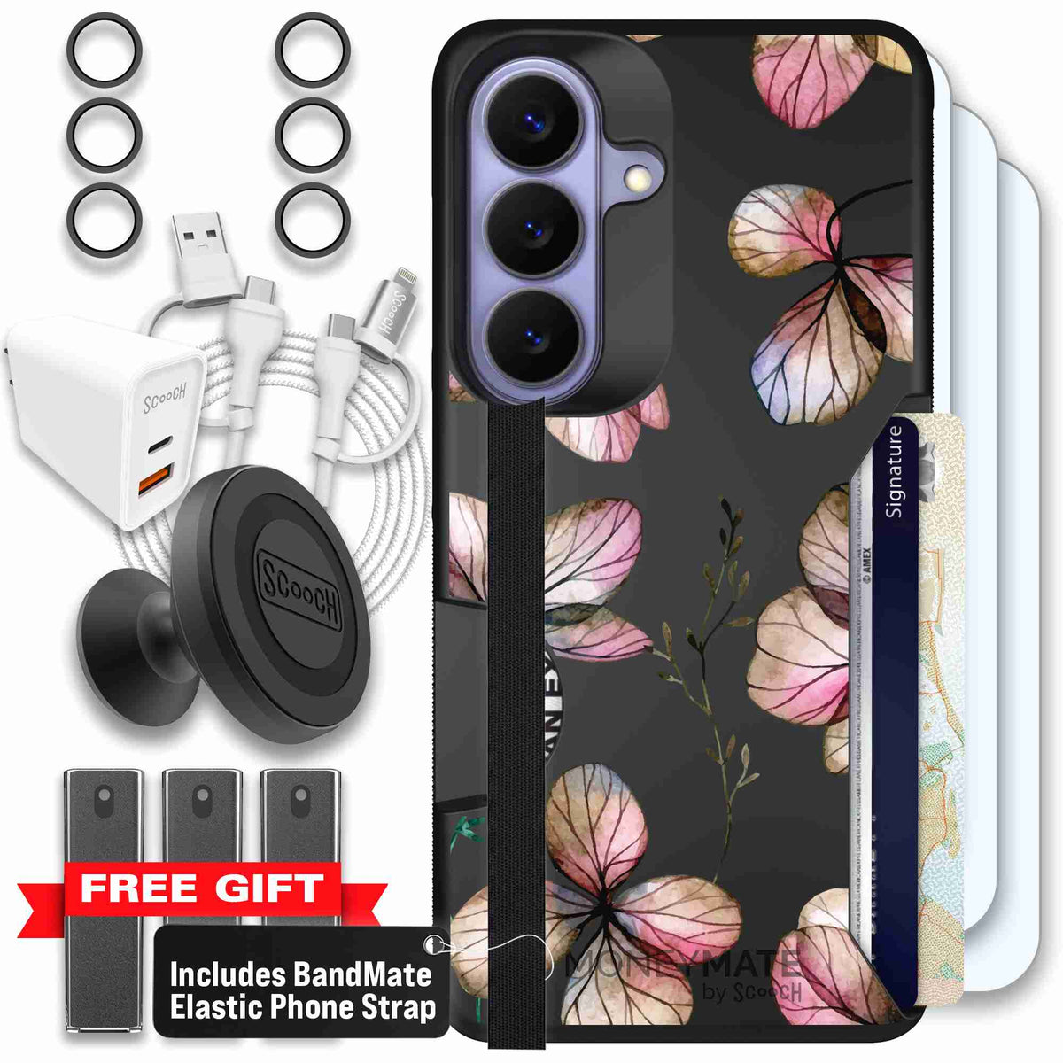 Dried Flowers blush mauve and cream floral pattern on a black Scooch Moneymate case for Galaxy S26 - Ultimate Bundle