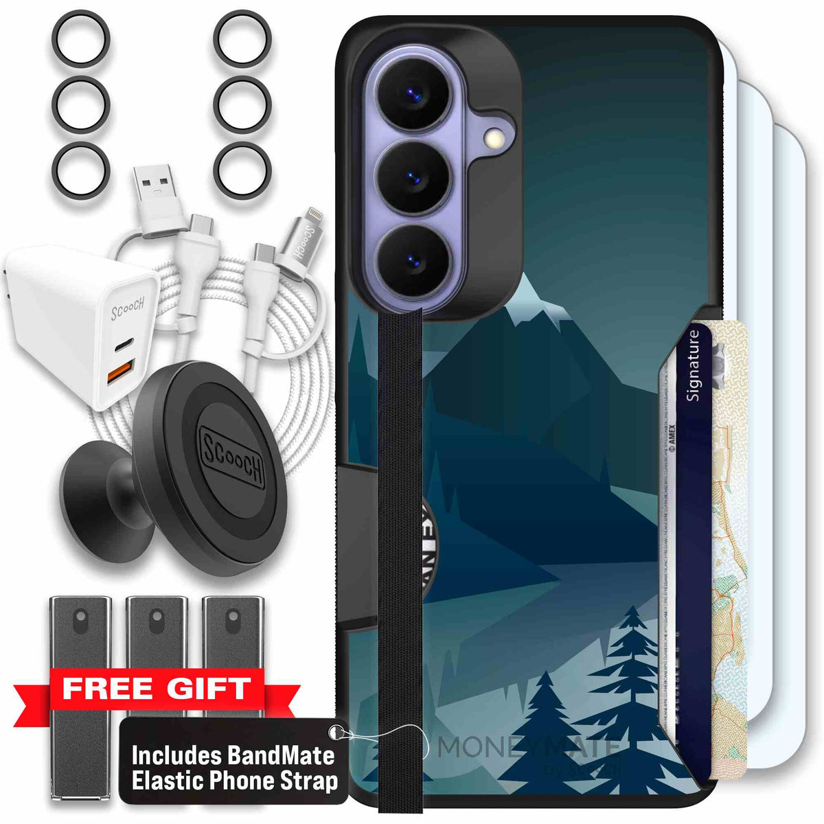 Midnight Ridge layered blue mountains and evergreen trees on a Scooch Moneymate case for Galaxy S26 - Ultimate Bundle