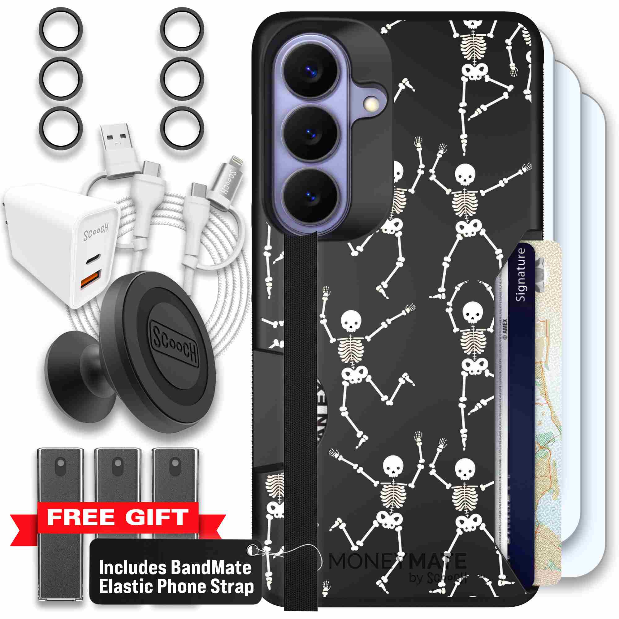 Swinging Skeletons white dancing skeleton pattern on a black Scooch Moneymate case for Galaxy S26 - Ultimate Bundle