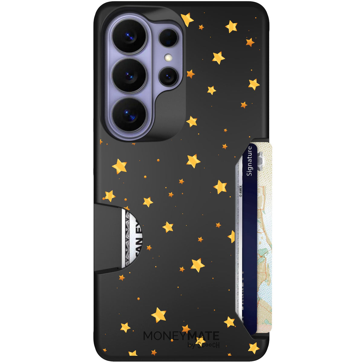 Gold Stars yellow and gold star pattern on a charcoal Scooch Moneymate case for Galaxy S26 Ultra