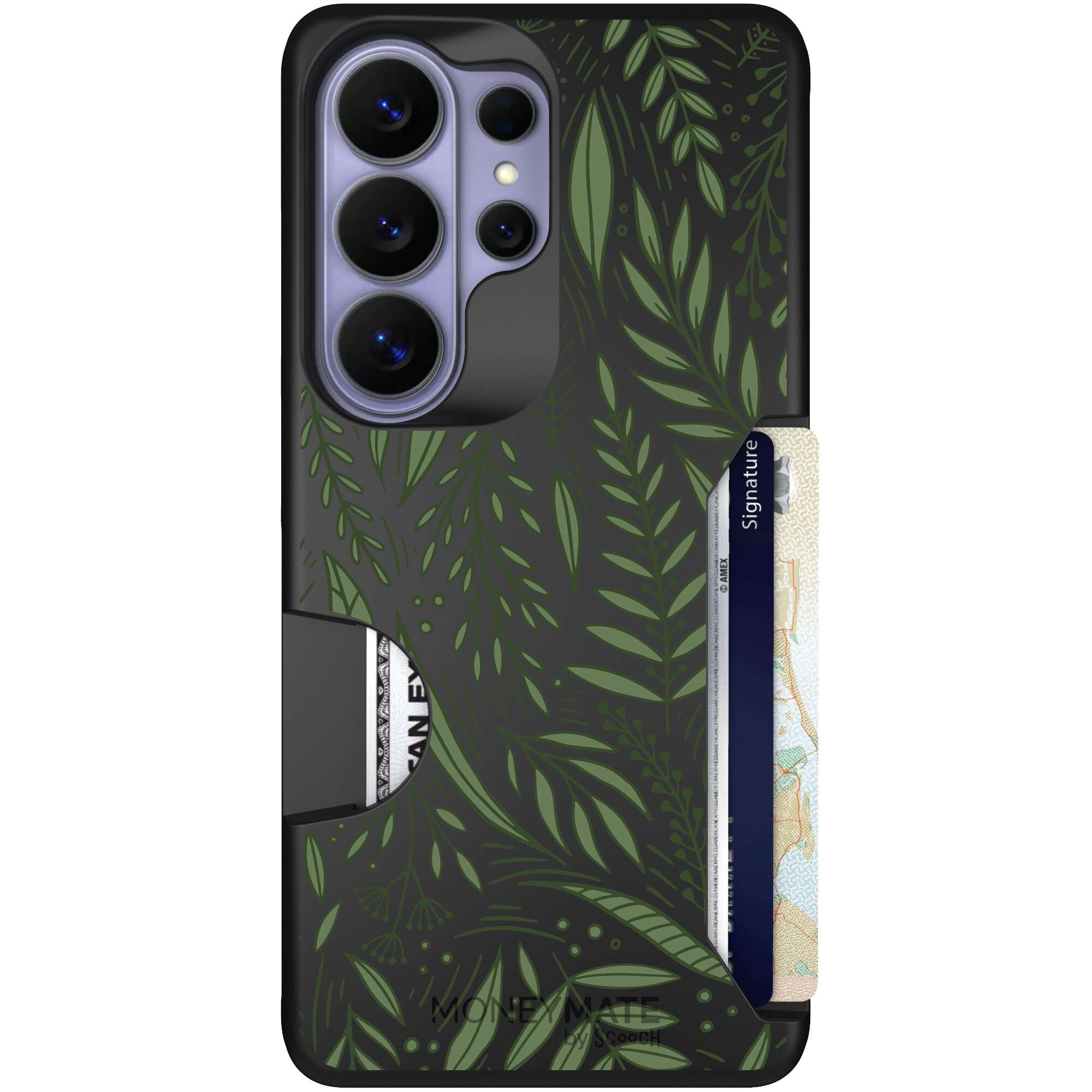 Willow Garden layered green leaves and branches on a charcoal Scooch Moneymate case for Galaxy S26 Ultra
