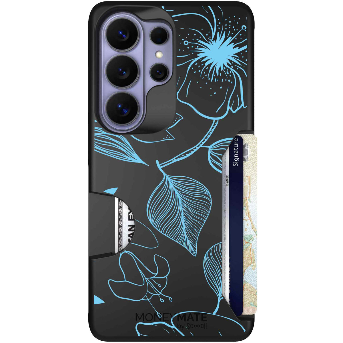 Blue Hibiscus cyan-blue tropical flower pattern on a charcoal Scooch Moneymate case for Galaxy S26 Ultra