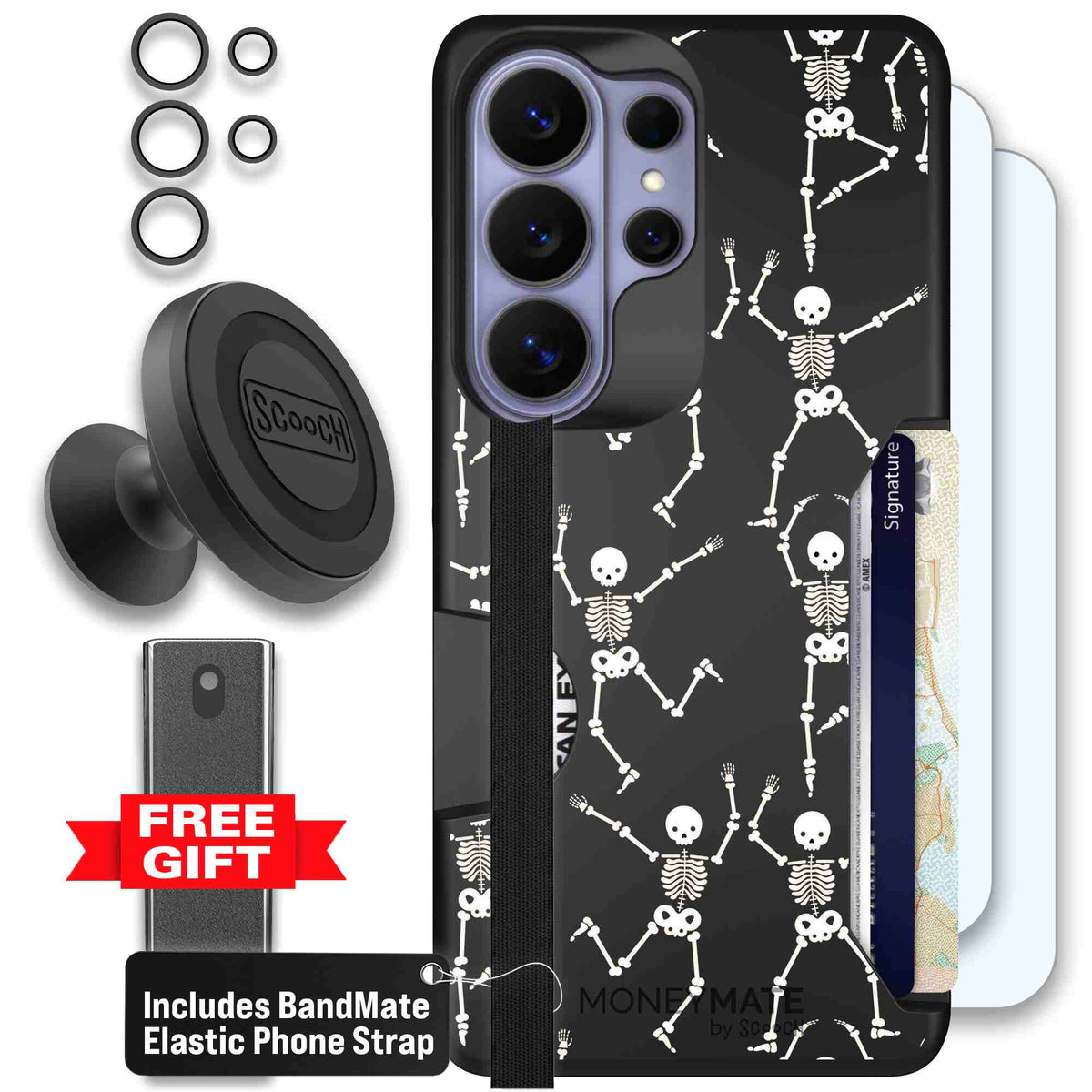 Swinging Skeletons white dancing skeleton pattern on a black Scooch Moneymate case for Galaxy S26 Ultra - Defender Bundle