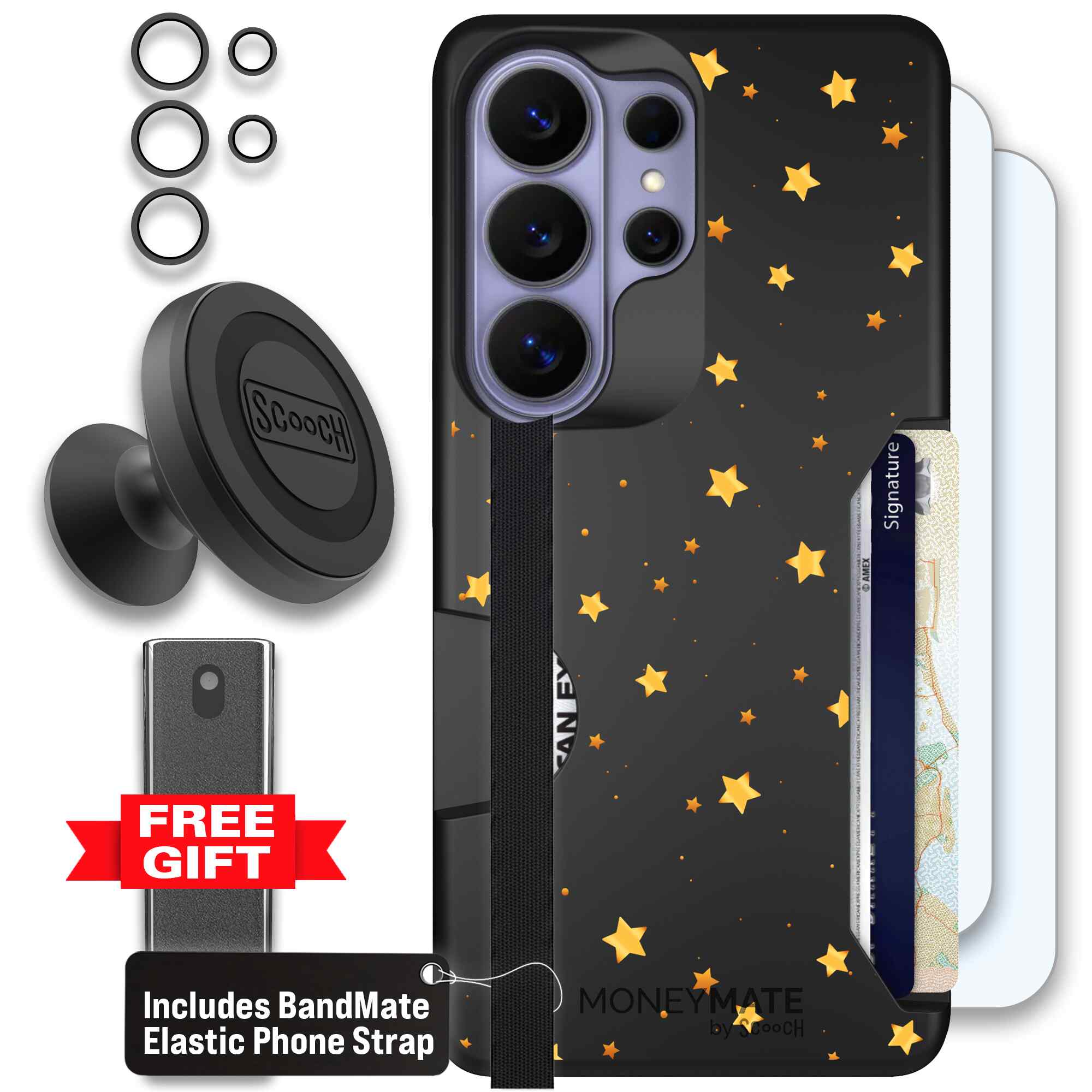 Gold Stars yellow and gold star pattern on a charcoal Scooch Moneymate case for Galaxy S26 Ultra - Defender Bundle