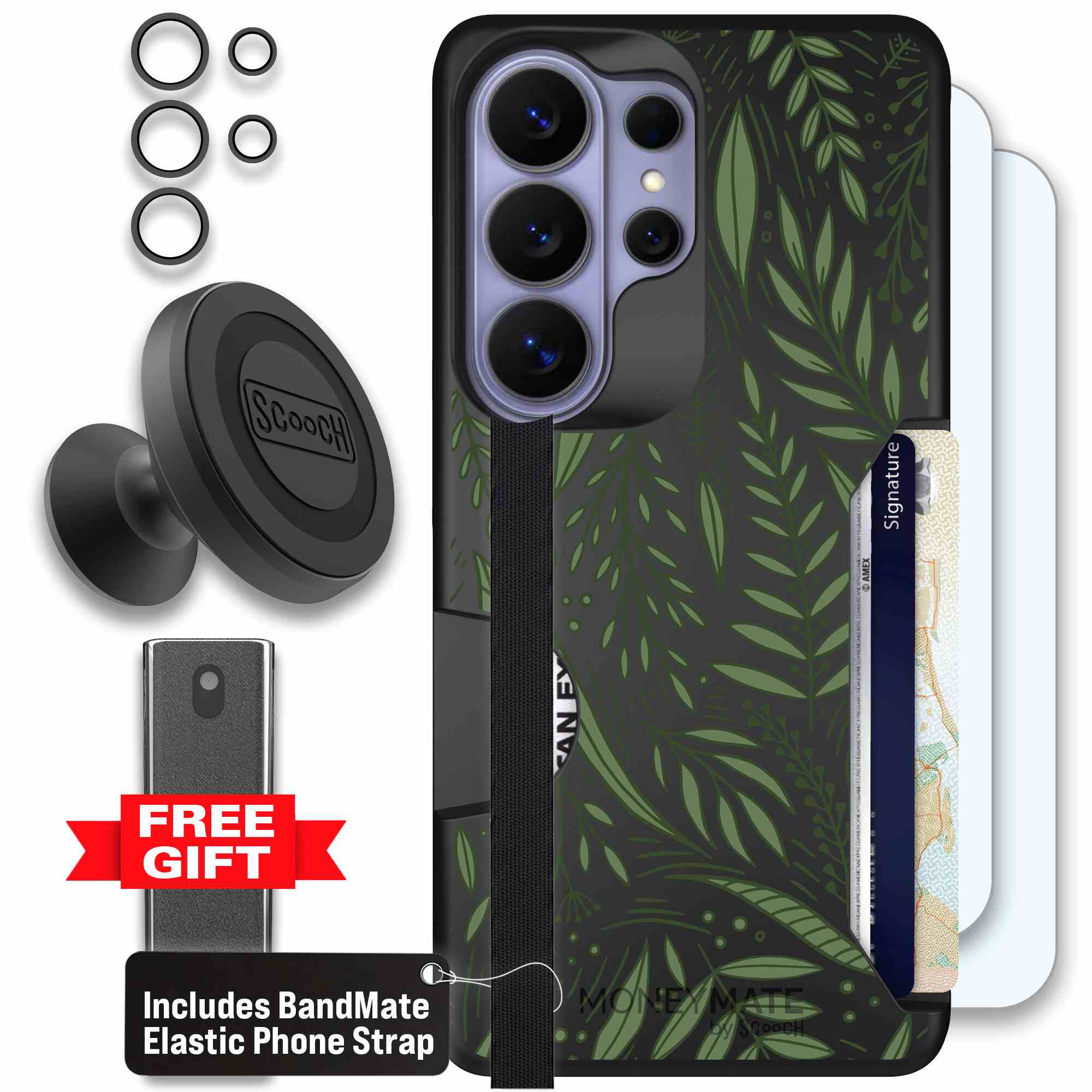 Willow Garden layered green leaves and branches on a charcoal Scooch Moneymate case for Galaxy S26 Ultra - Defender Bundle