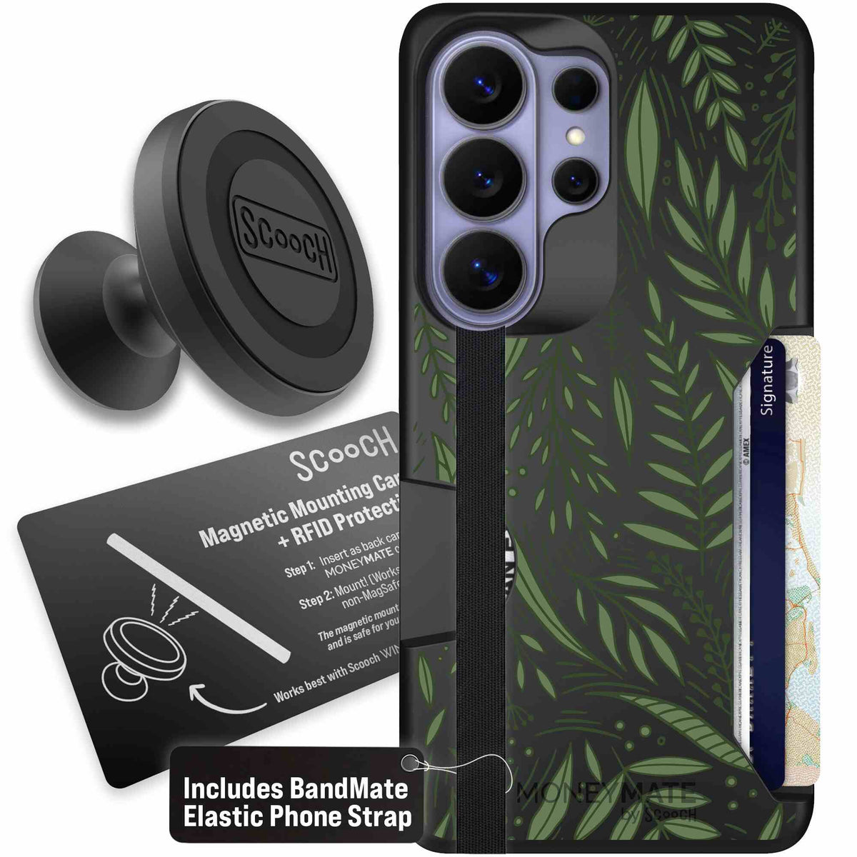 Willow Garden layered green leaves and branches on a charcoal Scooch Moneymate case for Galaxy S26 Ultra - Starter Bundle