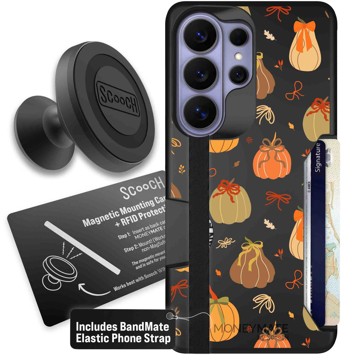 Pretty Pumpkins orange pumpkin and bow pattern on a Scooch Moneymate case for Galaxy S26 Ultra - Starter Bundle