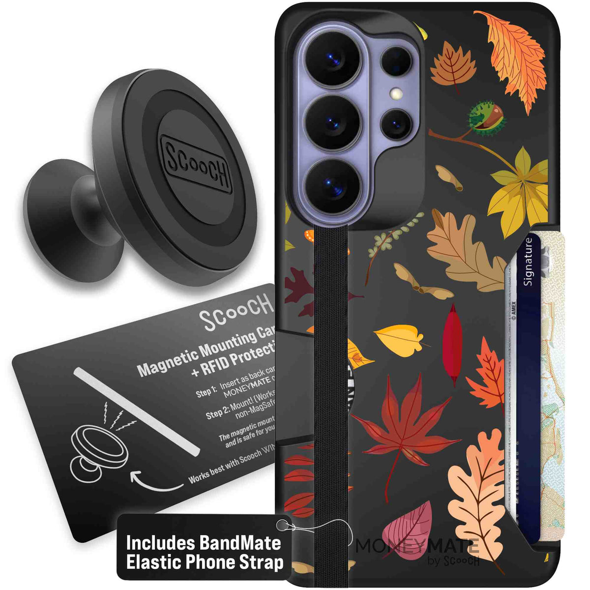 Autumn Leaves multicolored fall foliage pattern on a charcoal Scooch Moneymate case for Galaxy S26 Ultra - Starter Bundle