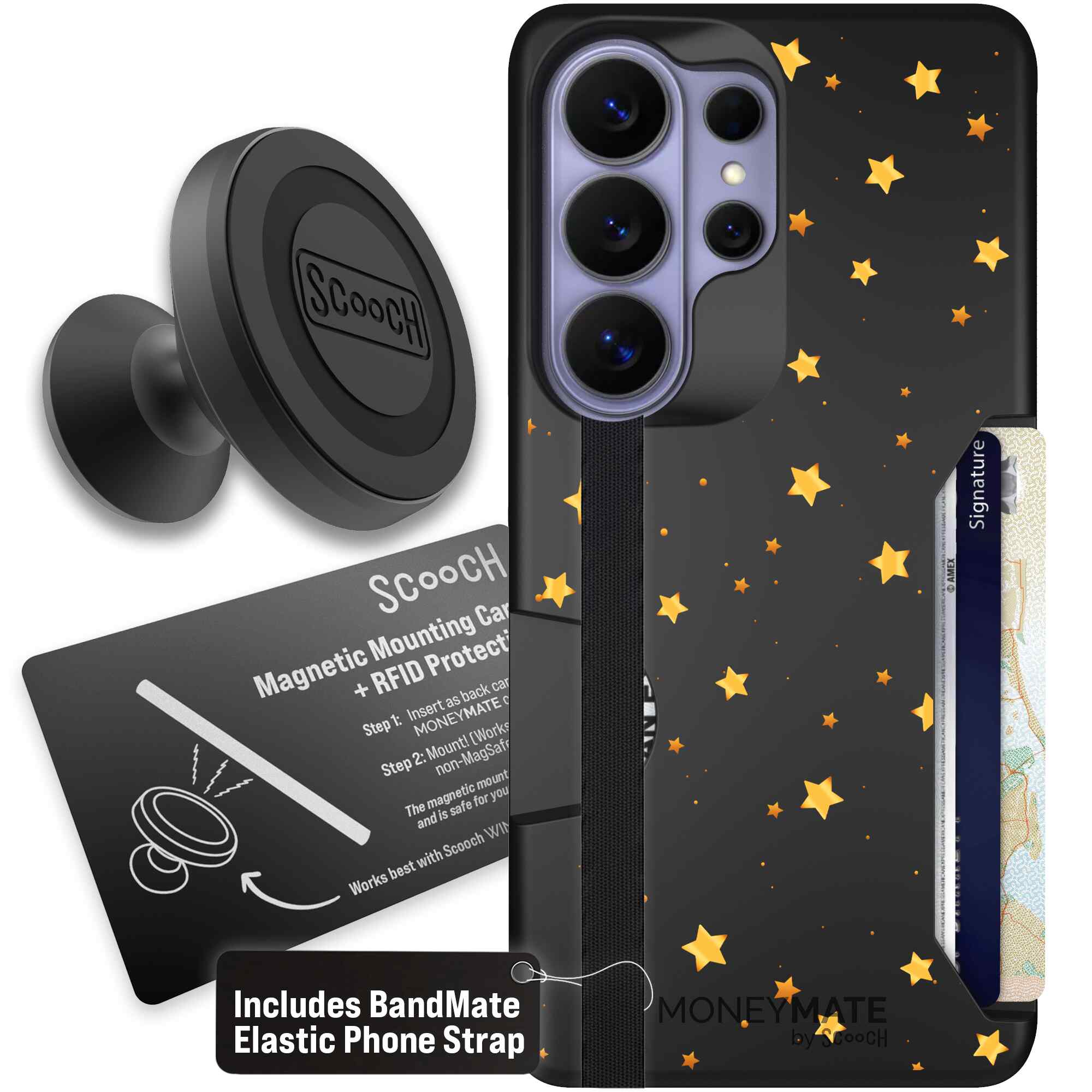 Gold Stars yellow and gold star pattern on a charcoal Scooch Moneymate case for Galaxy S26 Ultra - Starter Bundle