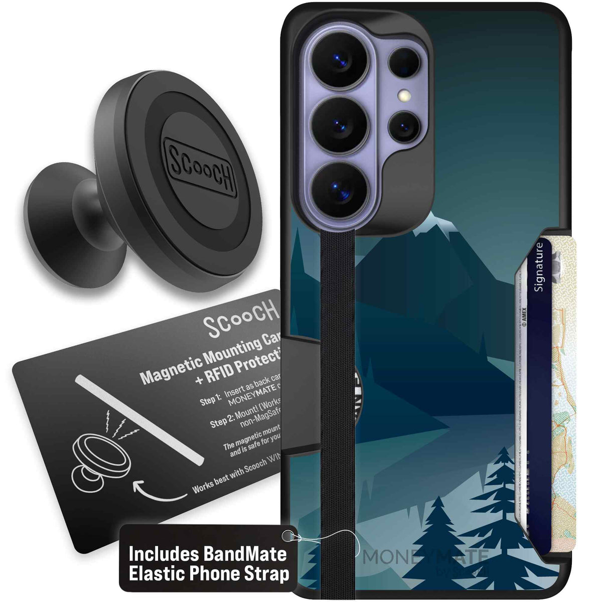 Midnight Ridge layered blue mountains and evergreen trees on a Scooch Moneymate case for Galaxy S26 Ultra - Starter Bundle