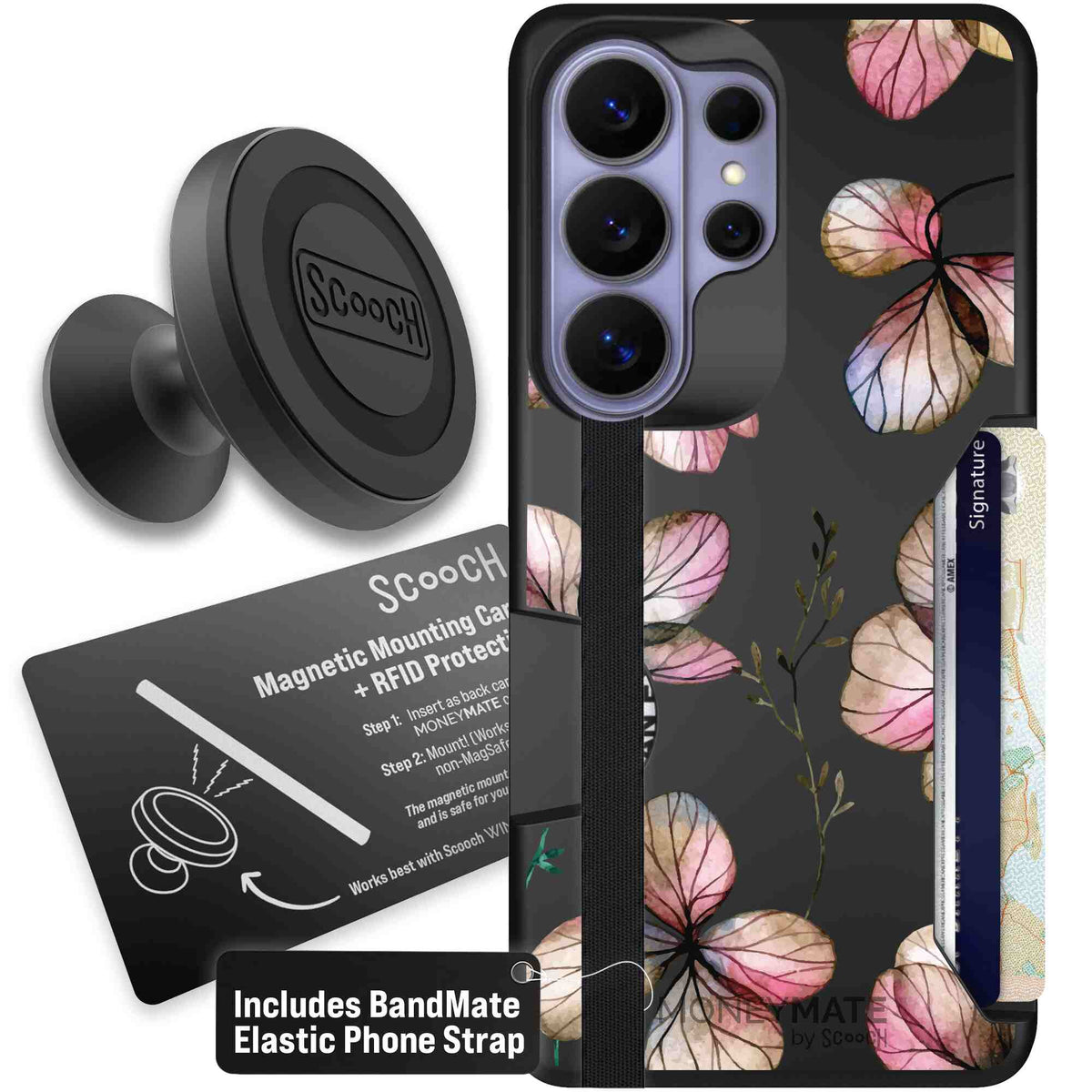 Dried Flowers blush mauve and cream floral pattern on a black Scooch Moneymate case for Galaxy S26 Ultra - Starter Bundle