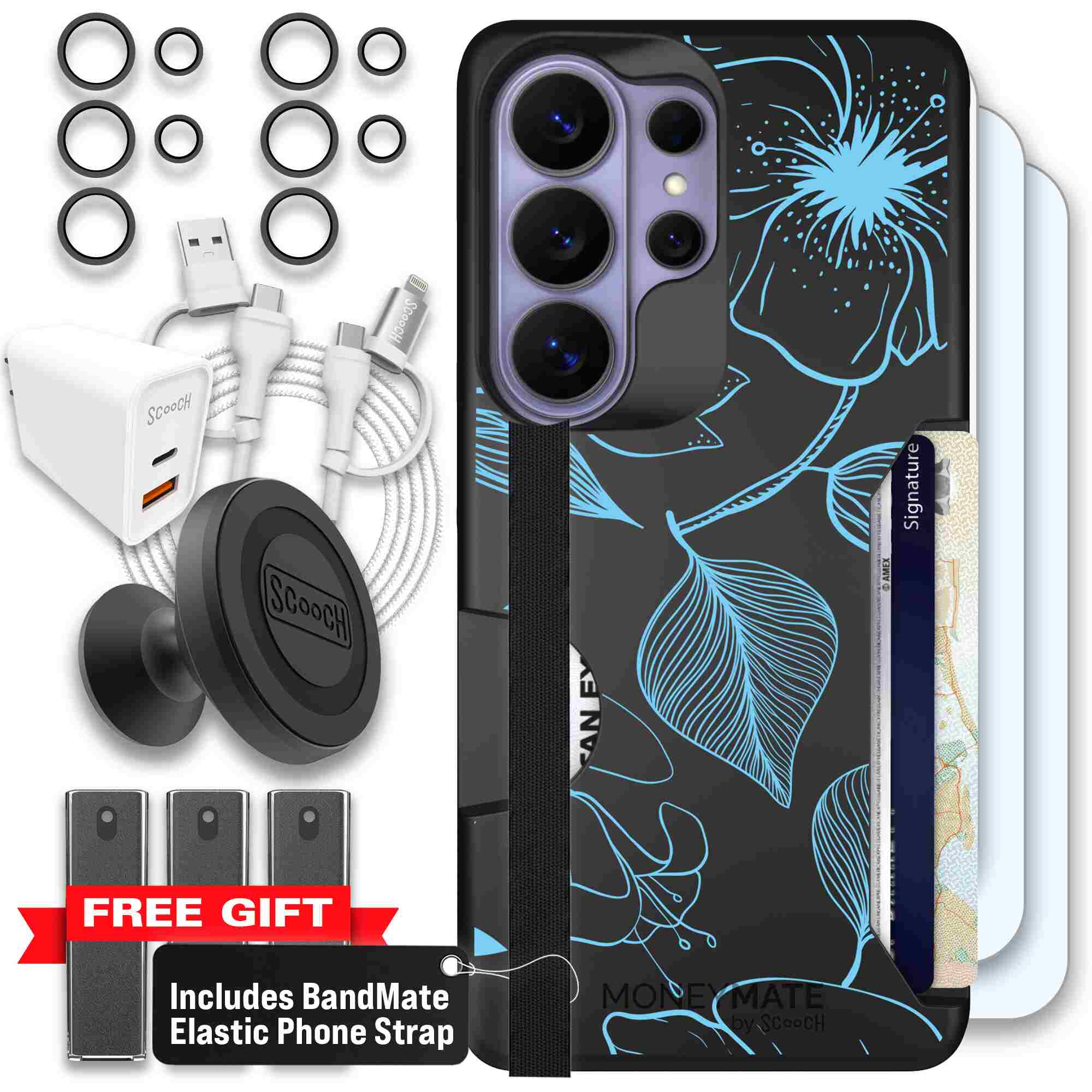 Blue Hibiscus cyan-blue tropical flower pattern on a charcoal Scooch Moneymate case for Galaxy S26 Ultra - Ultimate Bundle