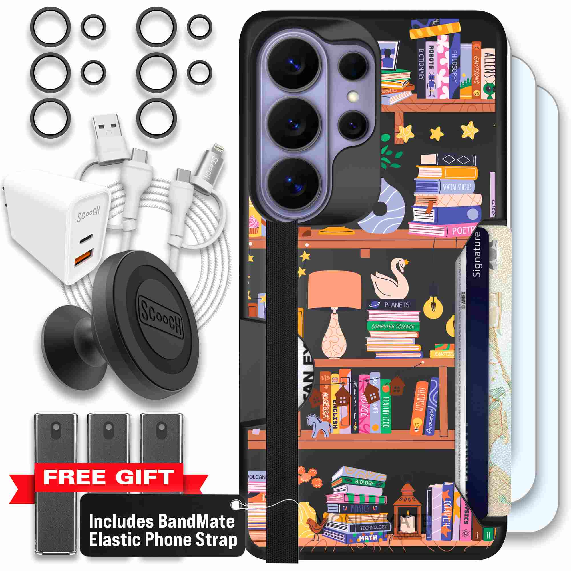 Little Library colorful book and bookshelf pattern on a Scooch Moneymate case for Galaxy S26 Ultra - Ultimate Bundle
