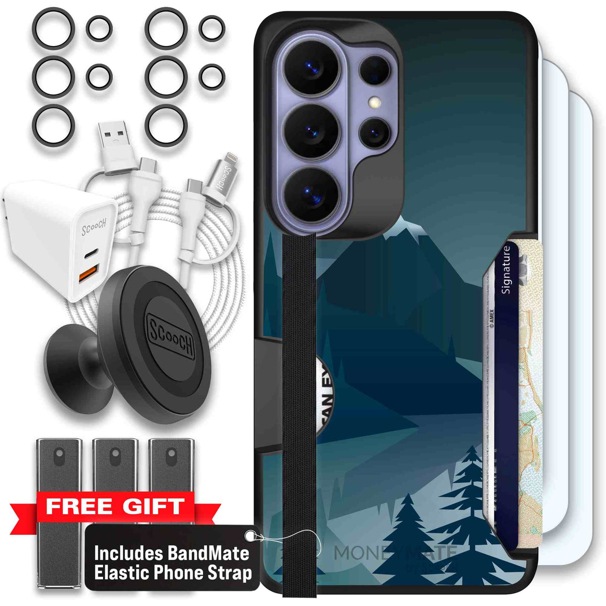 Midnight Ridge layered blue mountains and evergreen trees on a Scooch Moneymate case for Galaxy S26 Ultra - Ultimate Bundle