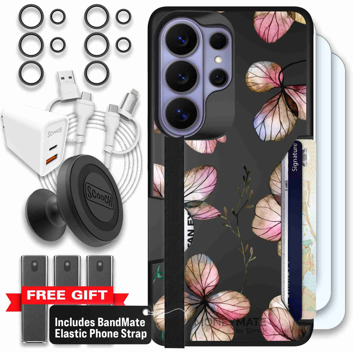 Dried Flowers blush mauve and cream floral pattern on a black Scooch Moneymate case for Galaxy S26 Ultra - Ultimate Bundle