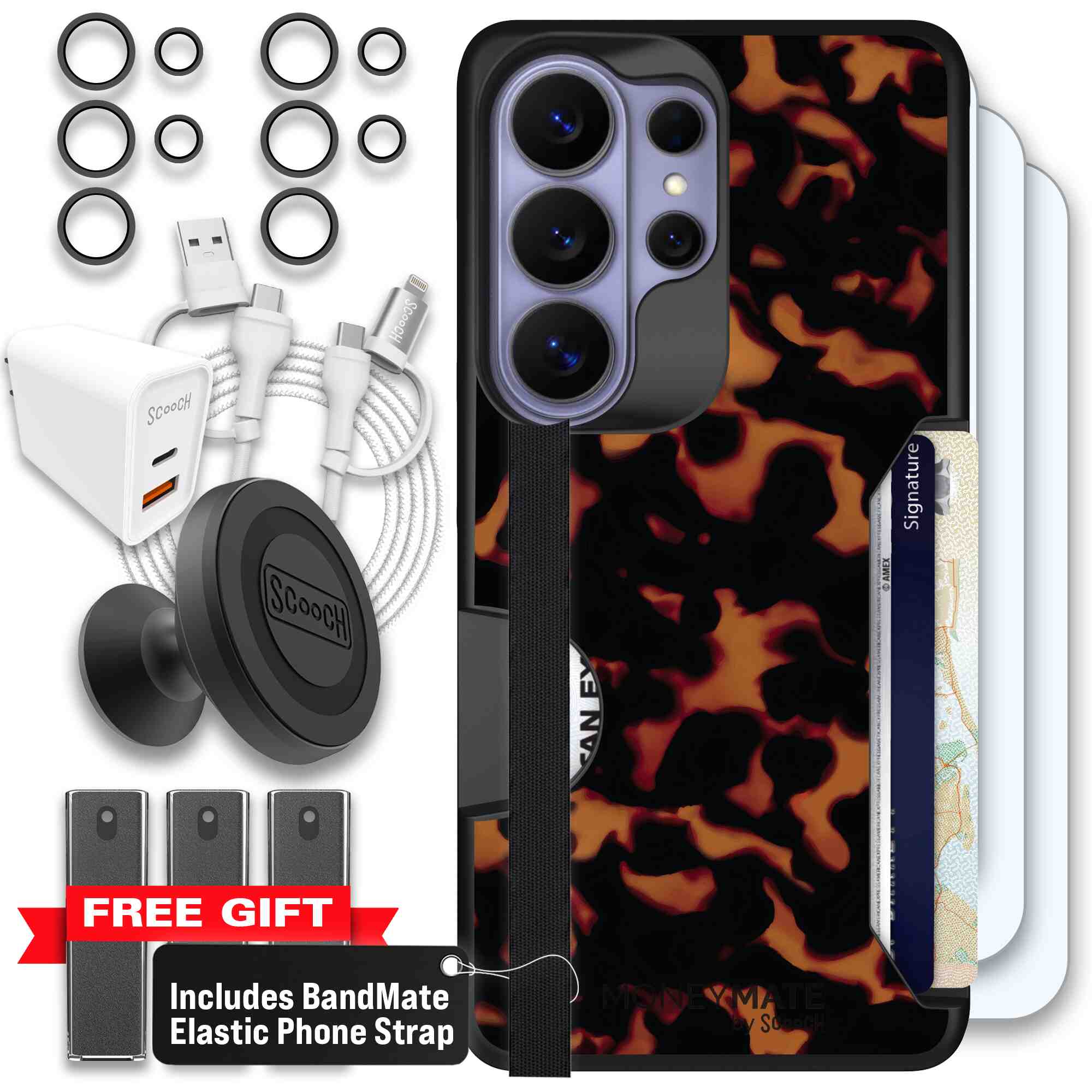 Tortoise Shell amber brown and black mottled pattern on a Scooch Moneymate case for Galaxy S26 Ultra - Ultimate Bundle