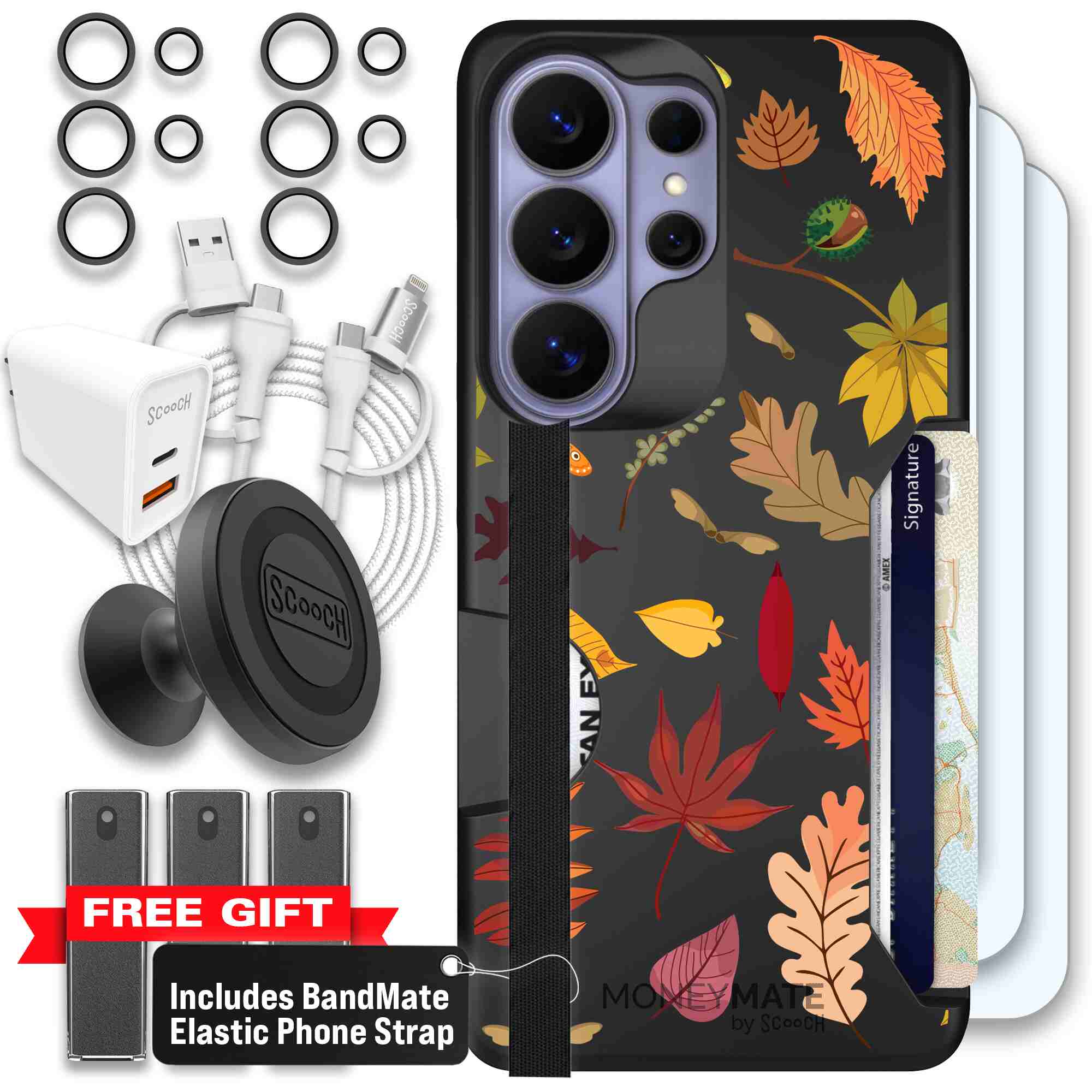 Autumn Leaves multicolored fall foliage pattern on a charcoal Scooch Moneymate case for Galaxy S26 Ultra - Ultimate Bundle