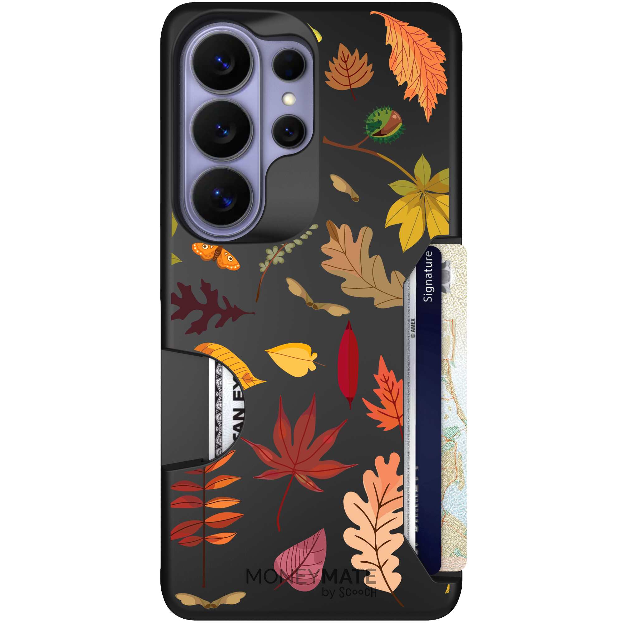 Autumn Leaves multicolored fall foliage pattern on a charcoal Scooch Moneymate case for Galaxy S26 Ultra