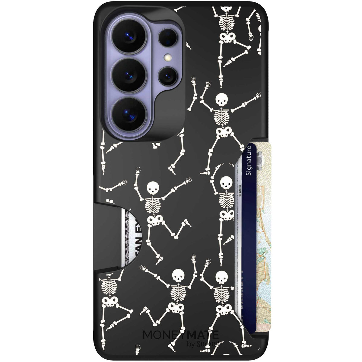 Swinging Skeletons white dancing skeleton pattern on a black Scooch Moneymate case for Galaxy S26 Ultra