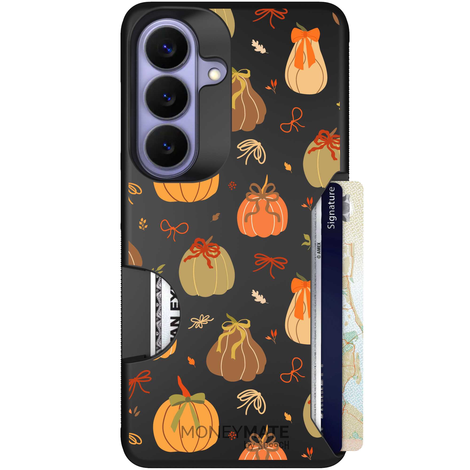 Pretty Pumpkins orange pumpkin and bow pattern on a Scooch Moneymate case for Galaxy S26