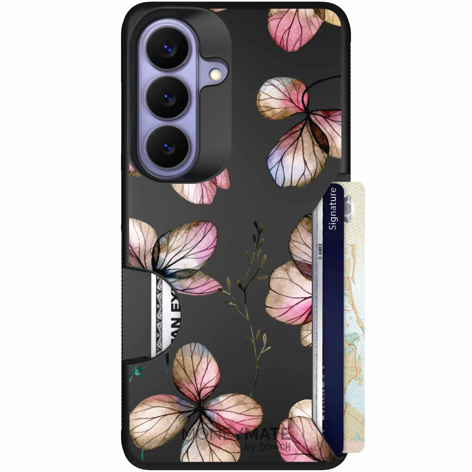 Dried Flowers blush mauve and cream floral pattern on a black Scooch Moneymate case for Galaxy S26
