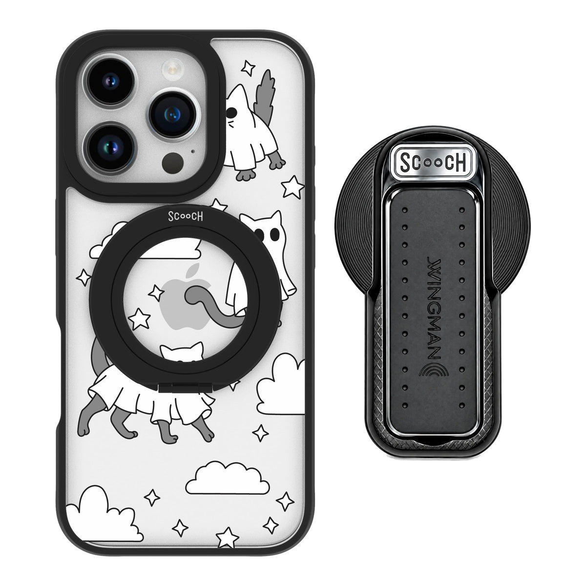Scooch MagCase Scaredy Cats magsafe wingback bundle - black featuring the original Scaredy Cats print