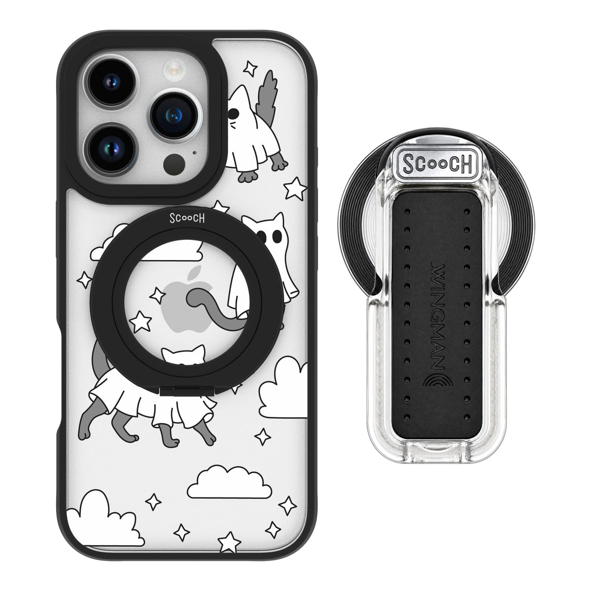 Scooch MagCase Scaredy Cats magsafe wingback bundle - clear featuring the original Scaredy Cats print