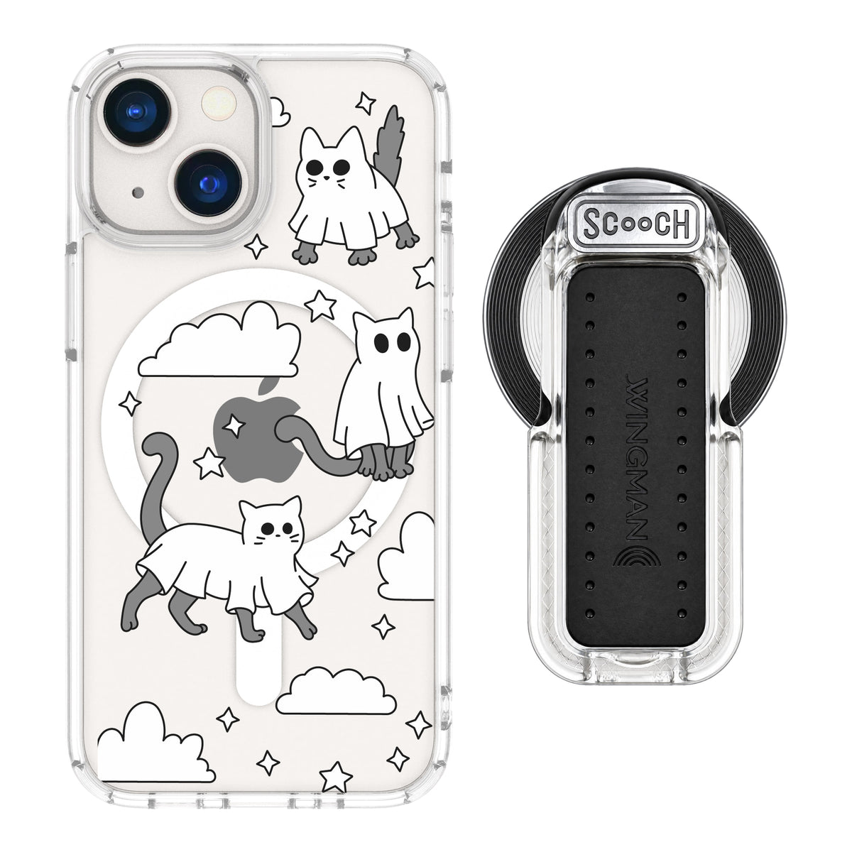 Scooch MagCase Scaredy Cats magsafe wingback bundle - clear featuring the original Scaredy Cats print