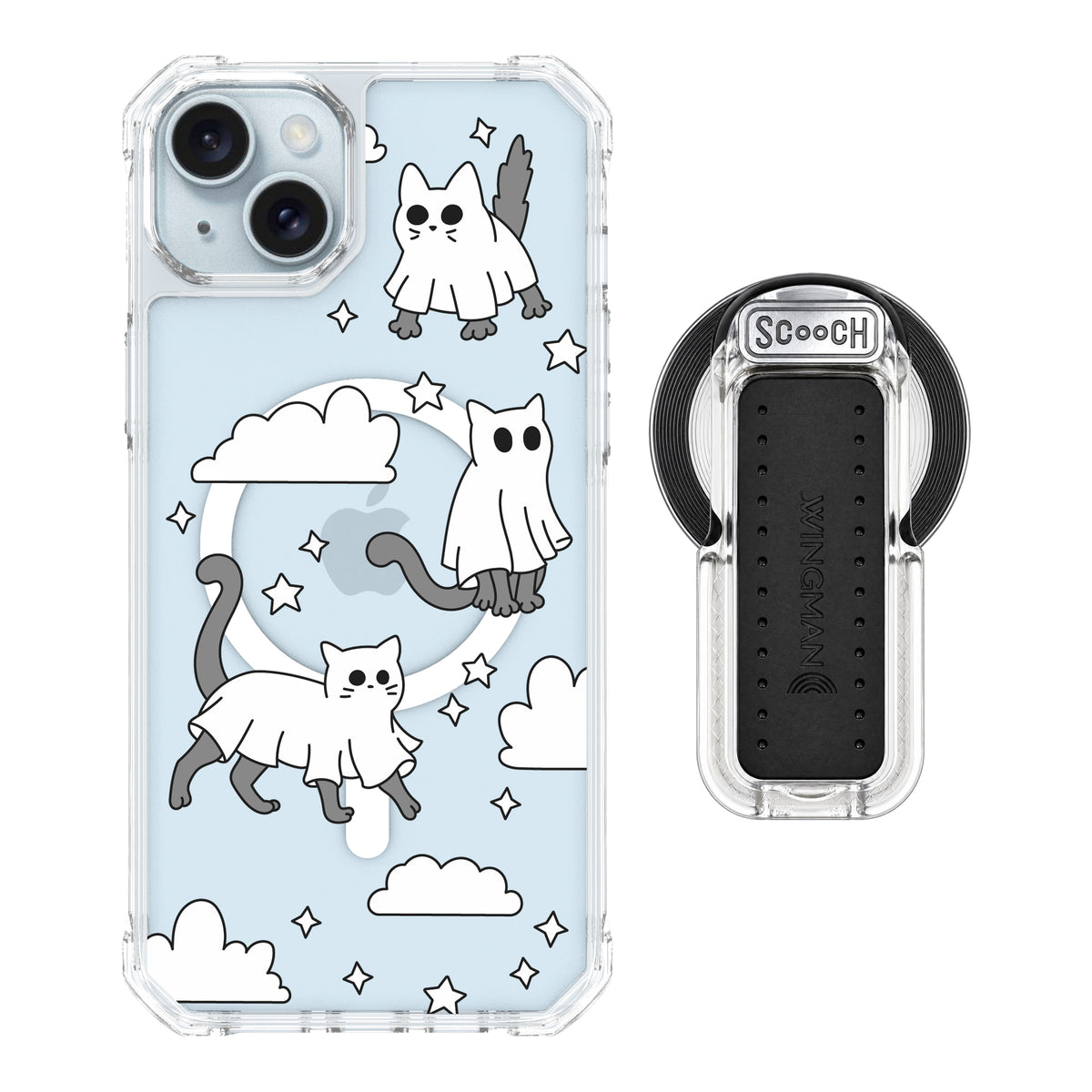 Scooch MagCase Scaredy Cats magsafe wingback bundle - clear featuring the original Scaredy Cats print