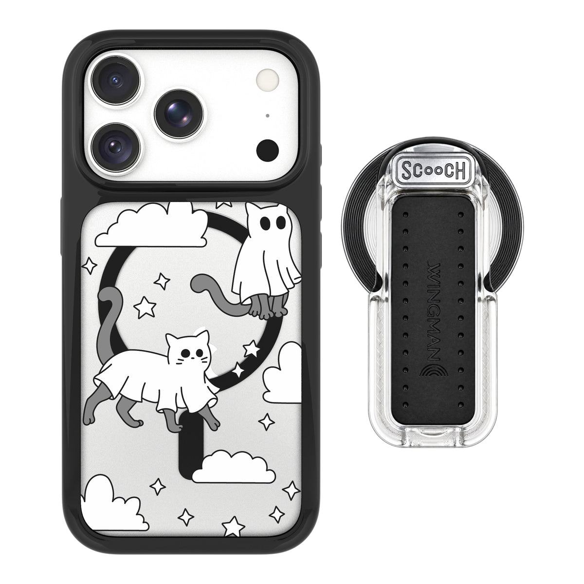 Scooch MagCase Scaredy Cats magsafe wingback bundle - clear featuring the original Scaredy Cats print