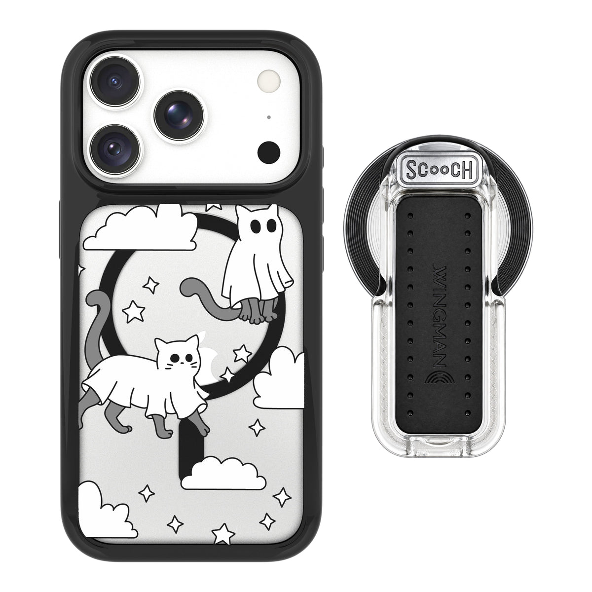 Scooch MagCase Scaredy Cats magsafe wingback bundle - clear featuring the original Scaredy Cats print