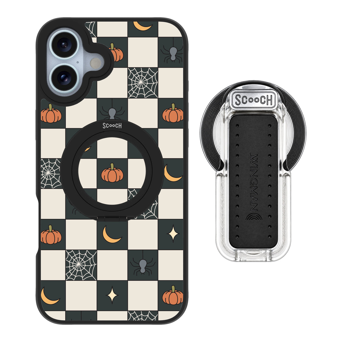 Scooch MagCase Spooky Squares magsafe wingback bundle - clear featuring the original Spooky Squares print
