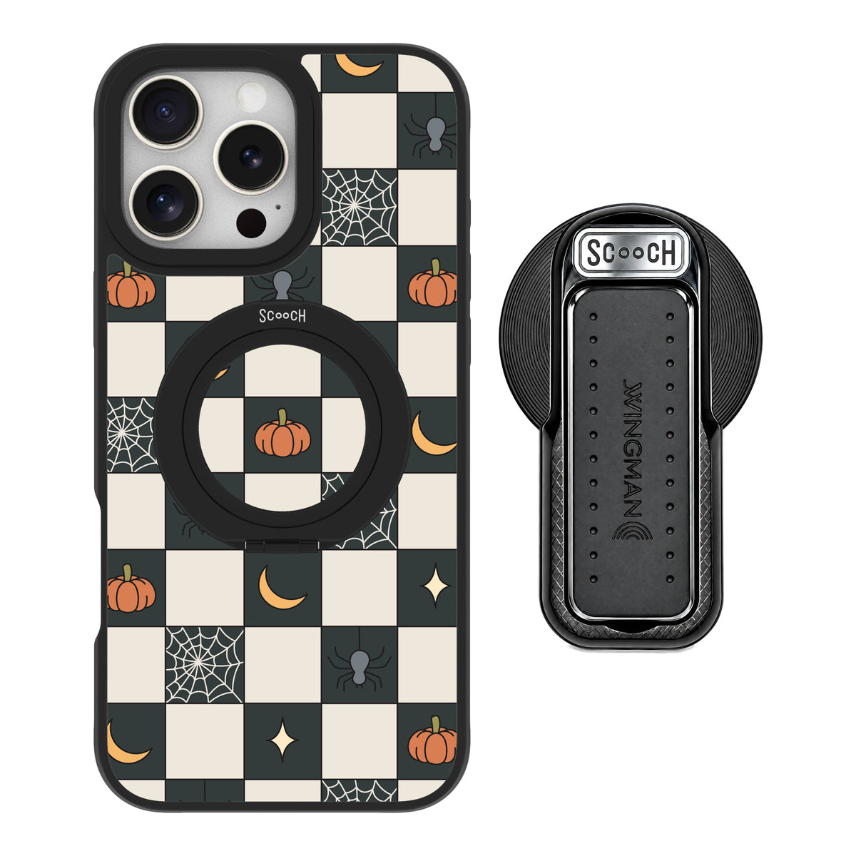 Scooch MagCase Spooky Squares magsafe wingback bundle - black featuring the original Spooky Squares print