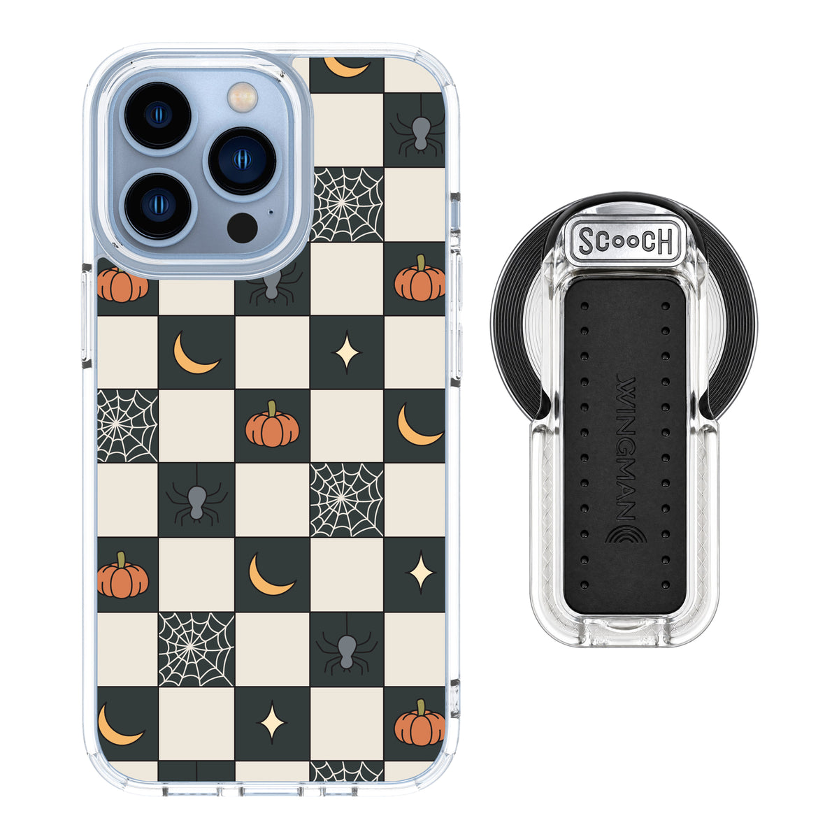 Scooch MagCase Spooky Squares magsafe wingback bundle - clear featuring the original Spooky Squares print
